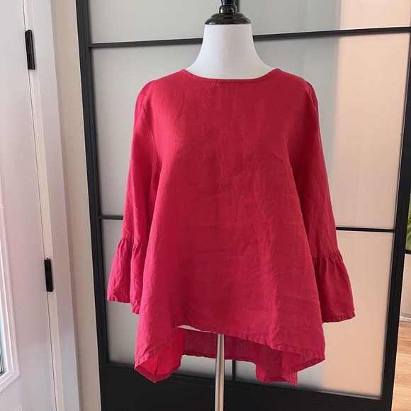 bryn Walker L Red 100% Linen Top Blouse Bell Sleeve Woven Lagenlook Minimalist - Picture 2 of 9